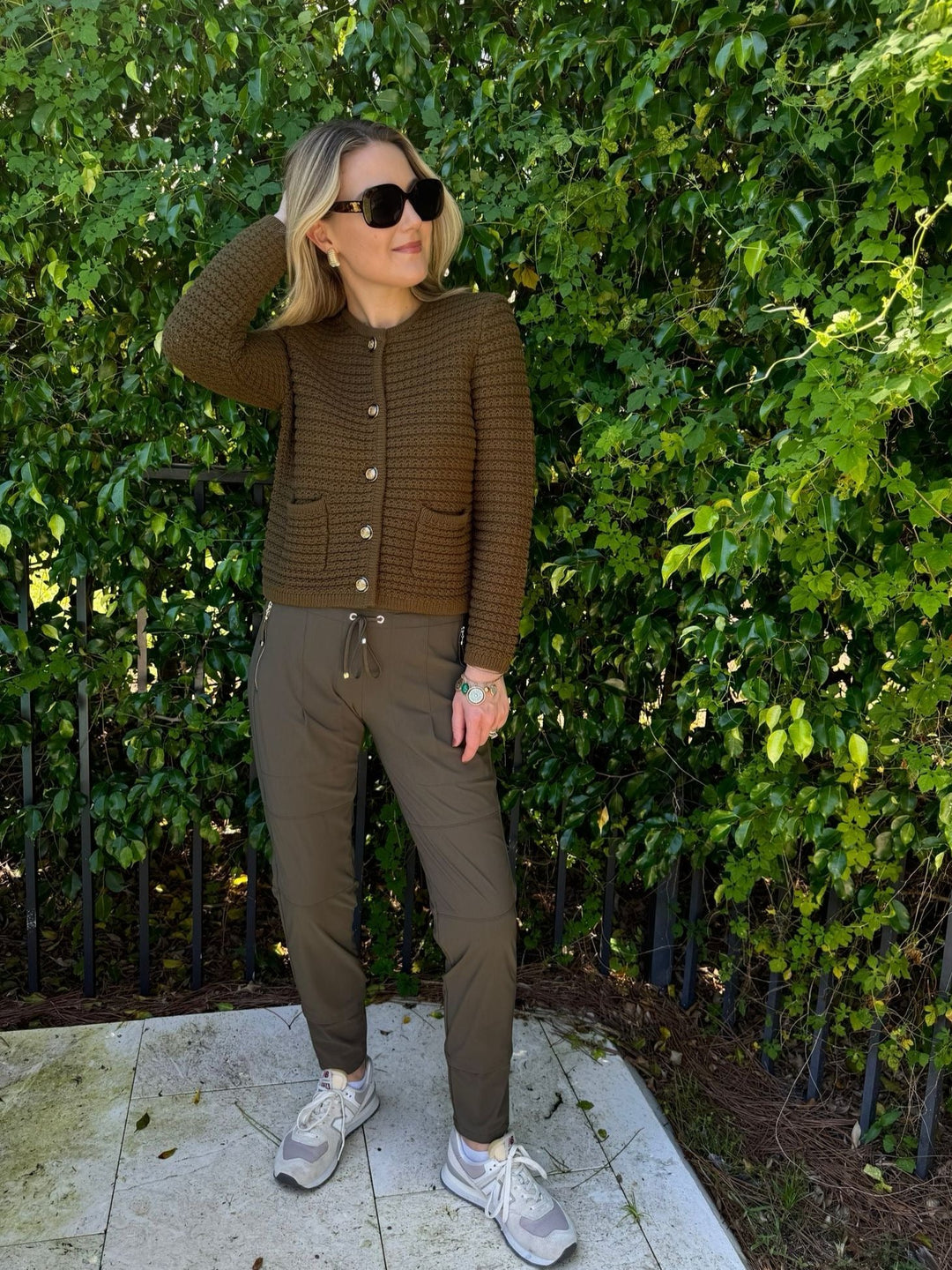 Ba&sh Gaspard Knit Cardigan in Kaki paired with Raffaello Rossi Olive Candy Pants available at Barbara Katz