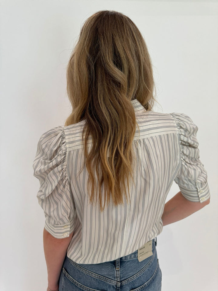 Frame Gillian Top in Cream Multi, 100% silk blouse with high neck collar, short puff sleeves, concealed button-down placket, and white light blue stripes