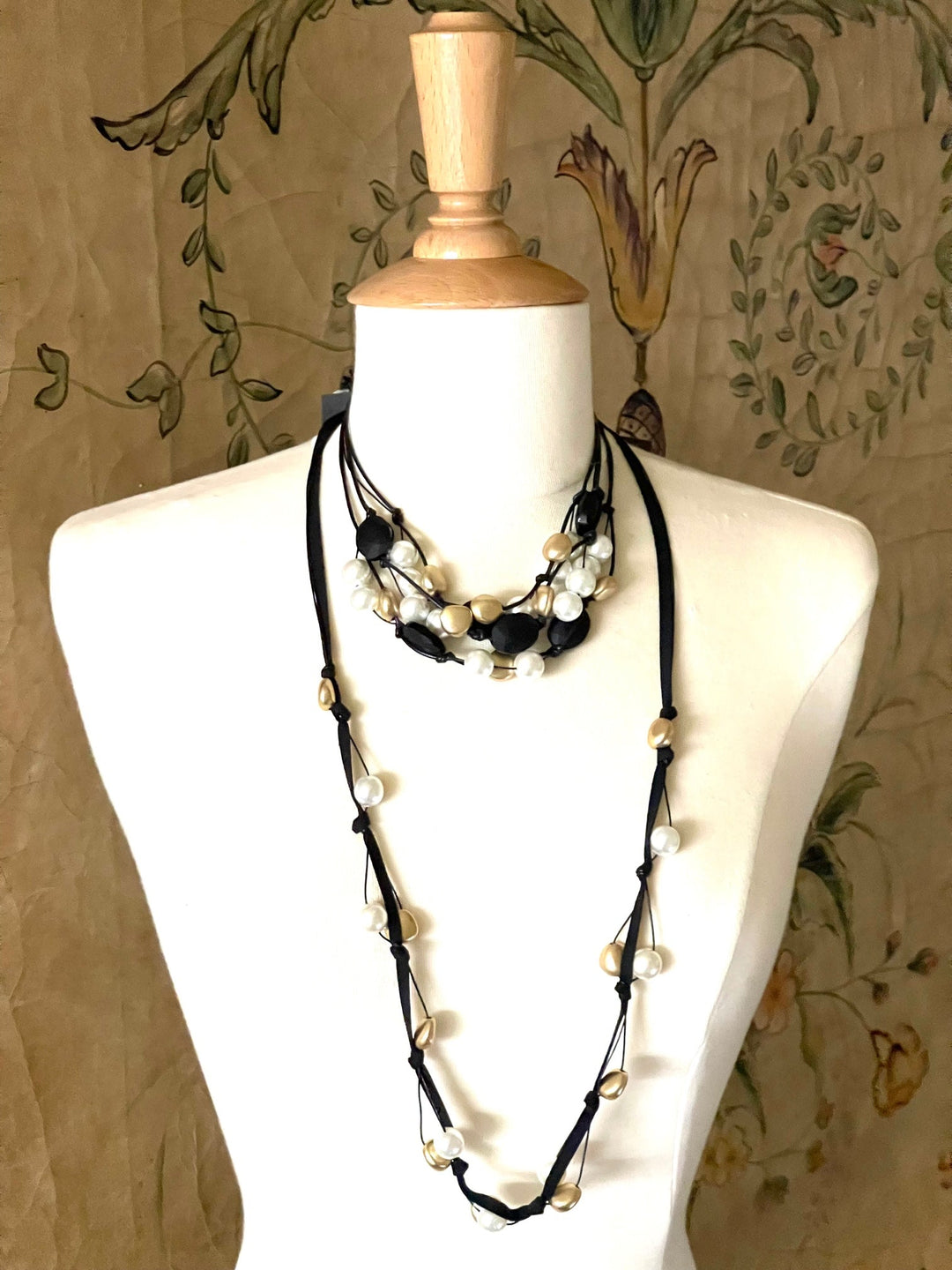 Deborah Grivas Matte Black Crystal, White Pearl, Matte Gold Pebble Bead Torsade Necklace