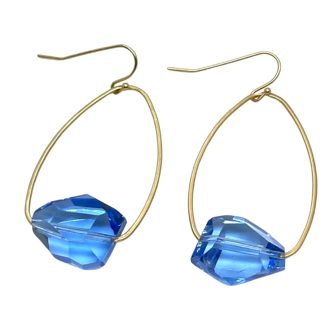 Deborah Grivas Blue Crystal Nugget Inset Matte Gold Oval Hoop Earrings