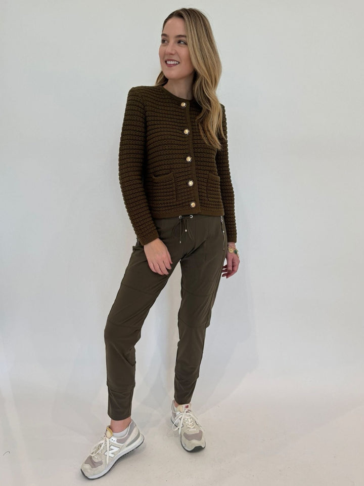 Ba&sh Gaspard Long Sleeve Knit Cardigan in Khaki paired with Raffaello Rossi Candy Pants in Olive available at Barbara Katz