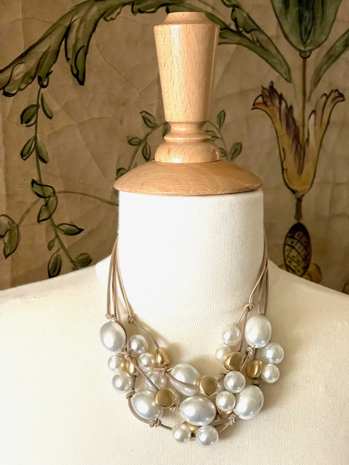 Deborah Grivas Cotton Pearl Matte Gold Natural Linen Torsade Necklace