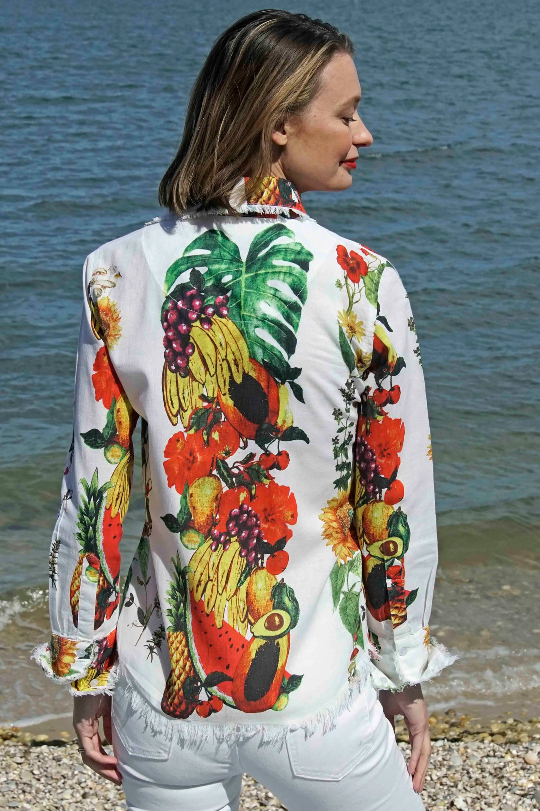 Dizzy-Lizzie Cape Cod Frayed Shirt - Sunflower Print available at Barbara Katz