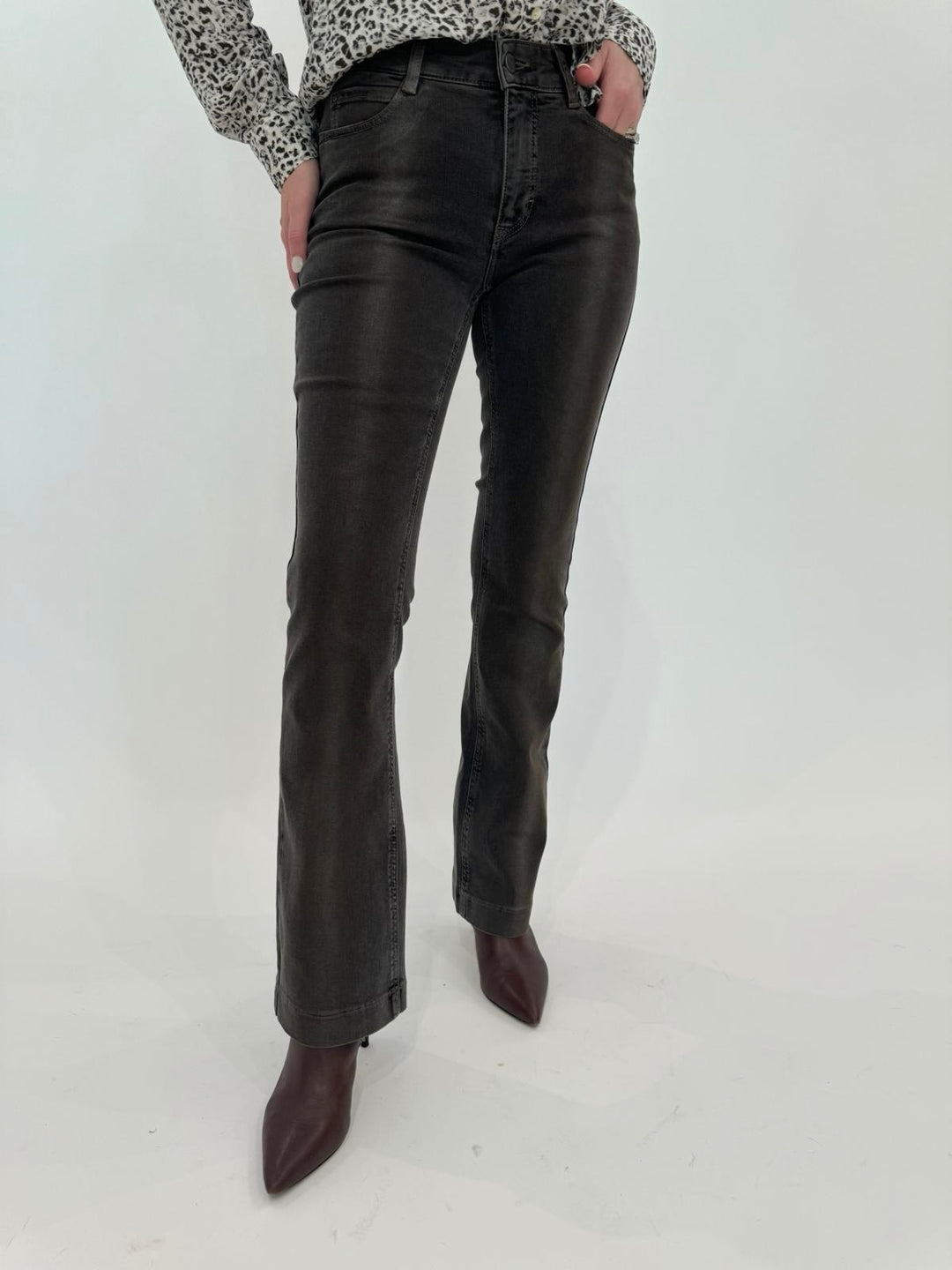 MAC Denim Dream Boot Jeans in Metallic, featuring a boot cut design, straight leg, flared hem, slim silhouette, normal rise