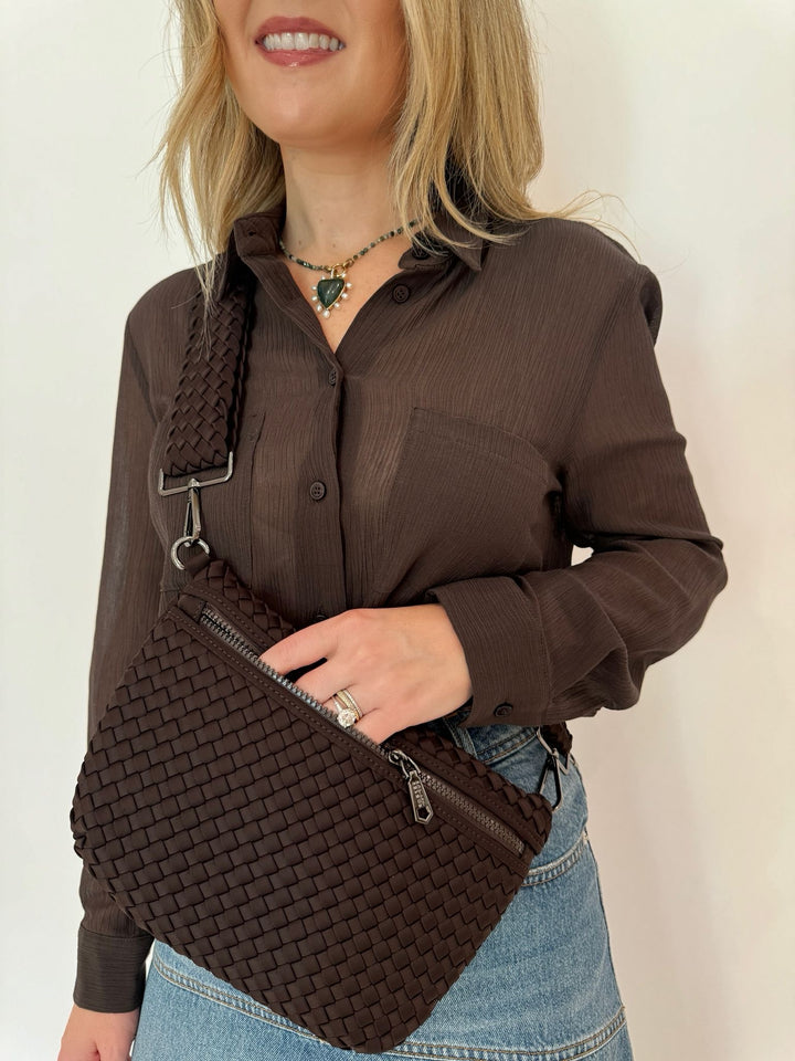 Sol and Selene Ethereal Woven Neoprene Bag in Chocolate available at Barbara Katz