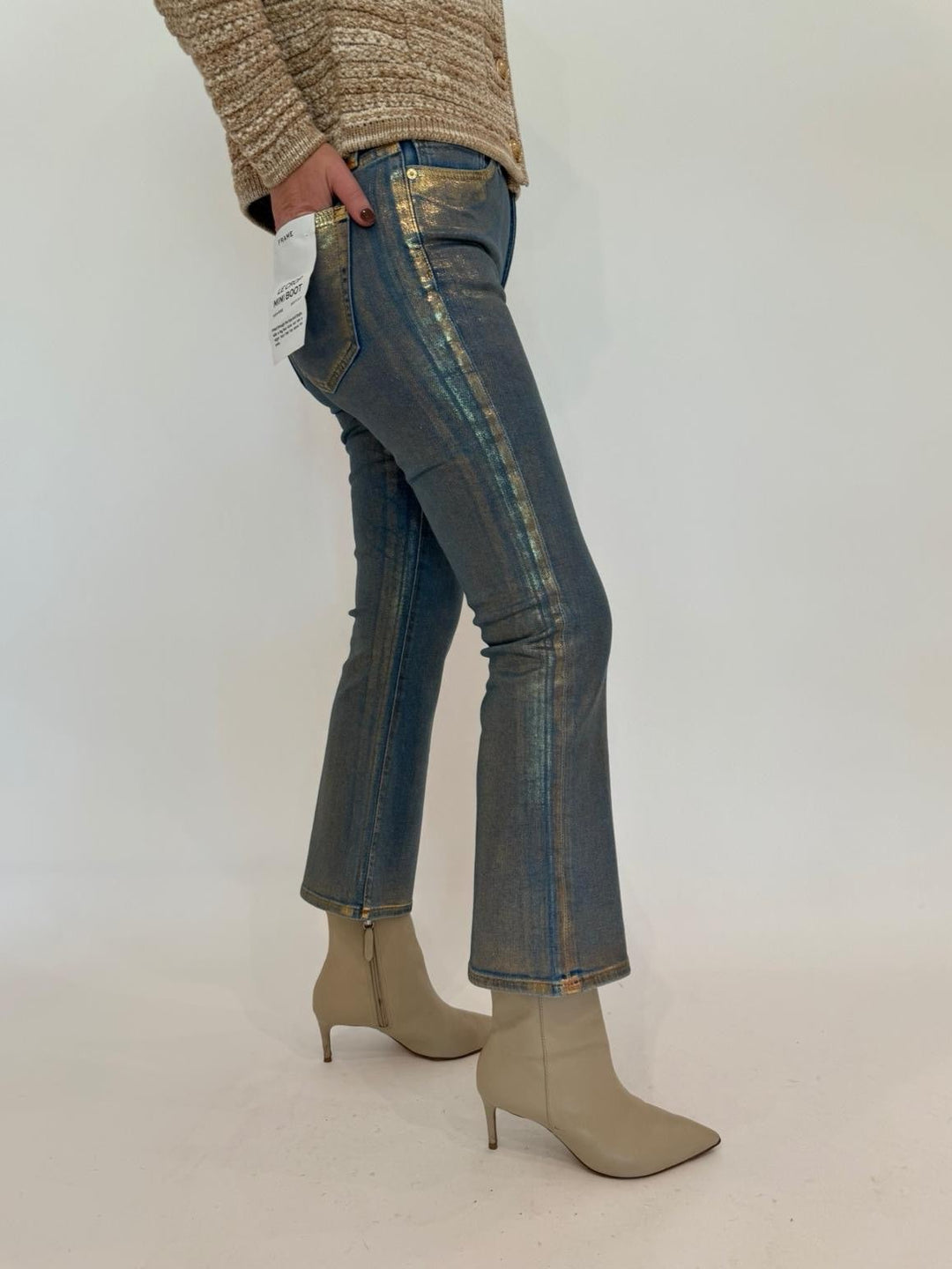 Frame Le Crop Mini Boot Denim Jeans in Gold Hologram available at Barbara Katz