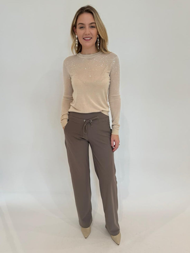 Generation Love Elsie Crystal Sweater in Beige paired with Raffaello Rossi Candice Straight Pants in Taupe, Lizzie Fortunato Silver Mine Earrings - all available at Barbara Katz