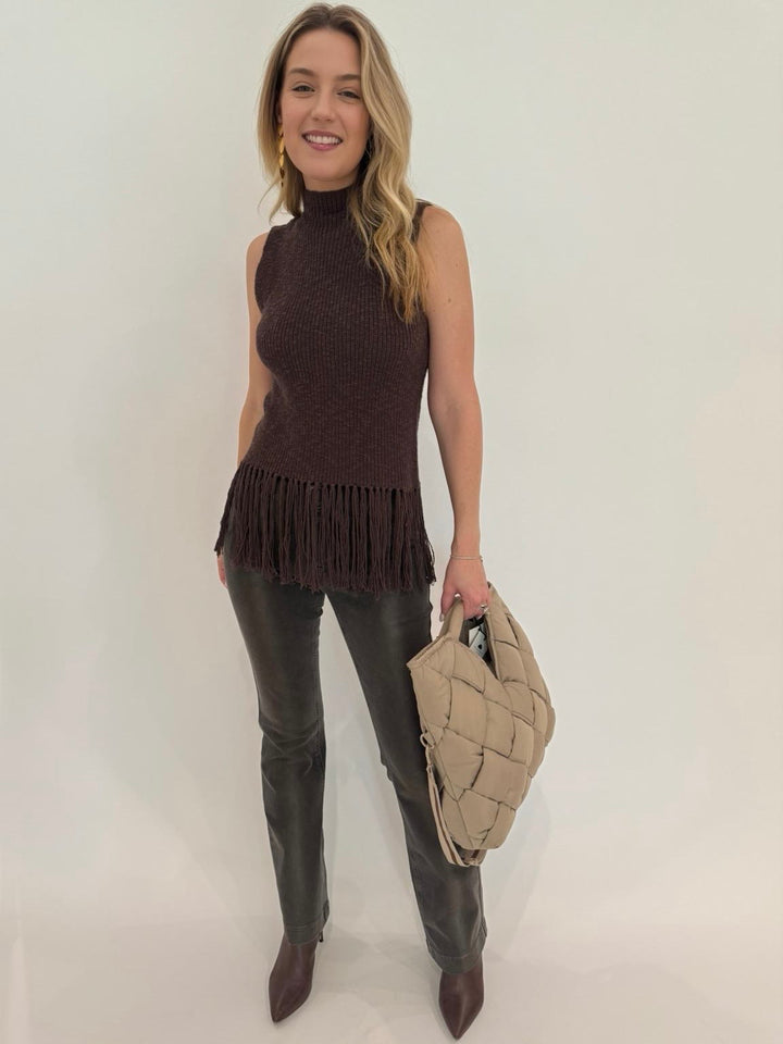 Rails Astrid Fringe Top in Umber paired with MAC Jeans Dream Boot Jean 32" in Metallic, and Sol and Selene Revelation Tote Bag in Nude