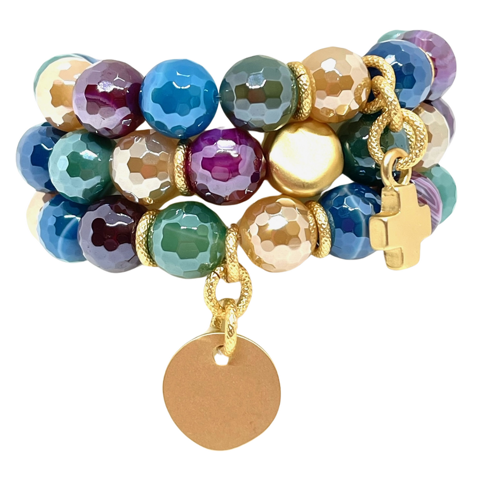 Deborah Grivas Multi Color Agate Stretch Bracelet With Matte Gold Charm Accent