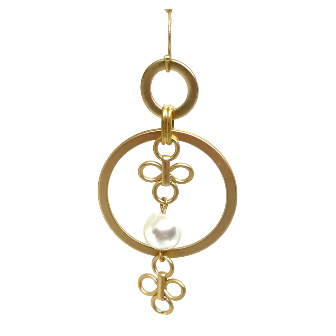 Deborah Grivas Matte Gold Hoop Earrings With Glass Pearl and Two Clover Charms