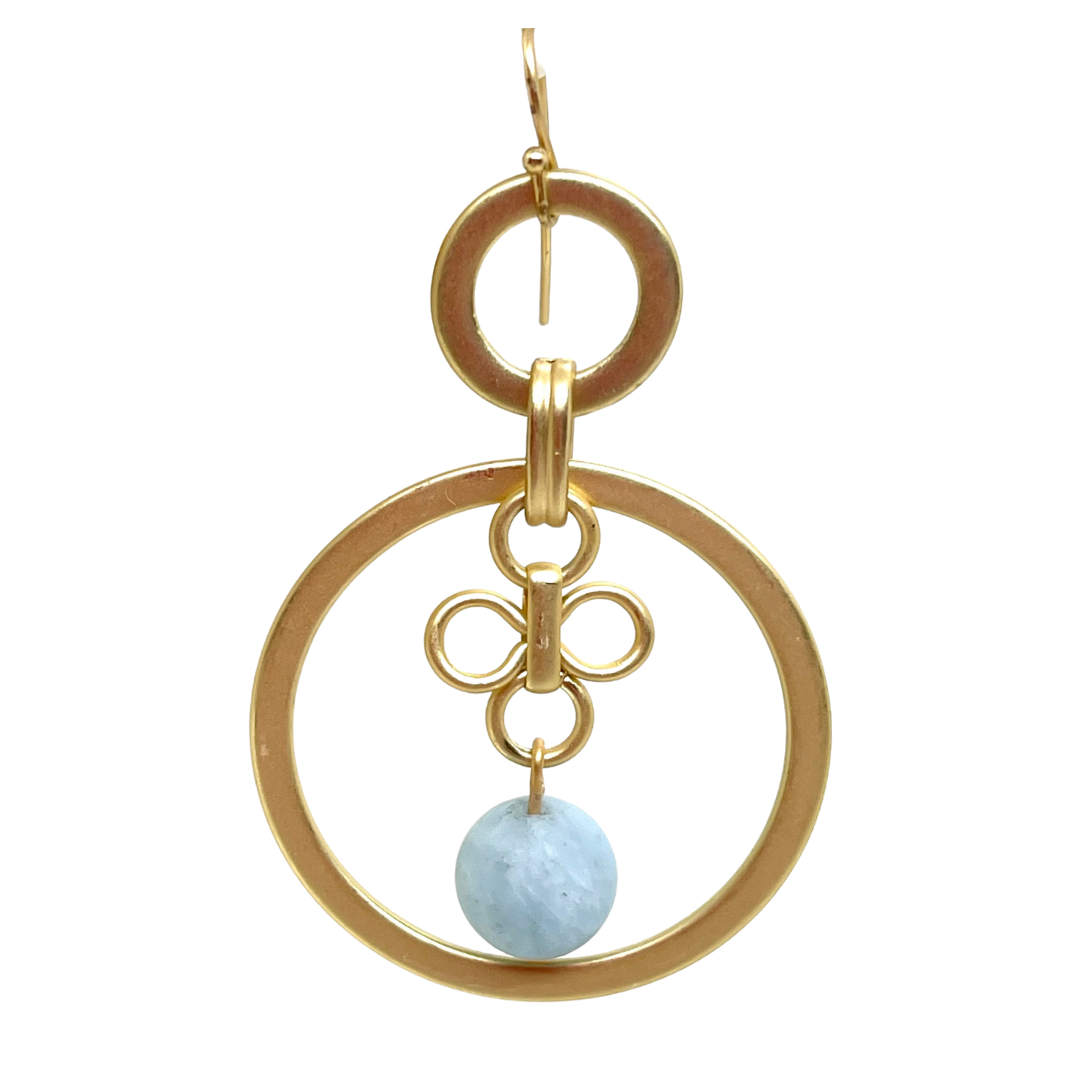 Deborah Gravis Matte Gold Hoop Earrings With Aquamarine and Clover Charm