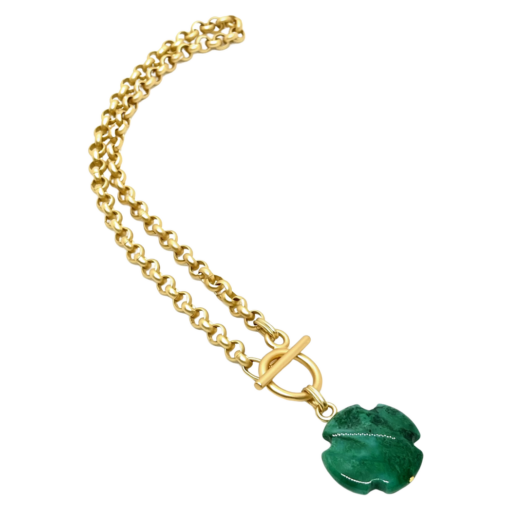 Deborah Grivas Aqua Terra Jasper Cross on Matte Gold Rolo Chain - Green