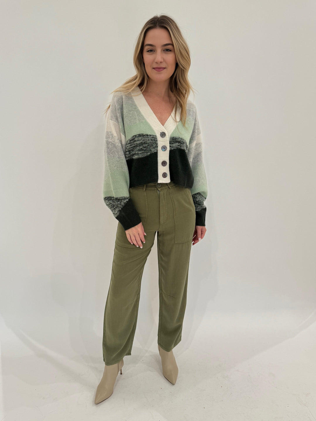 BK Sydney Crop Pants in Tea Leaf paired with Colorush Horizon Textured Lolas Cardigan in Meadow available at Barbara Katz