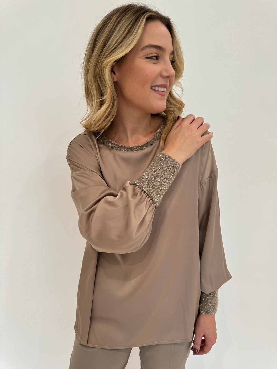 D.Exterior Puff Sleeve Mini Sequin Top in Nocciola available at Barbara Katz