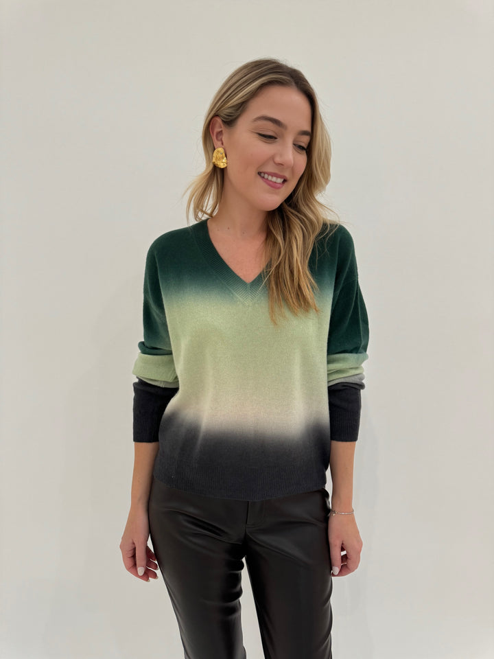 Colorush Dip Dye Malibu V-Neck Sweater in Forest Dip Dye paired with Peace of Cloth Jilian Vegan Leather Jeans available at Barbara Katz