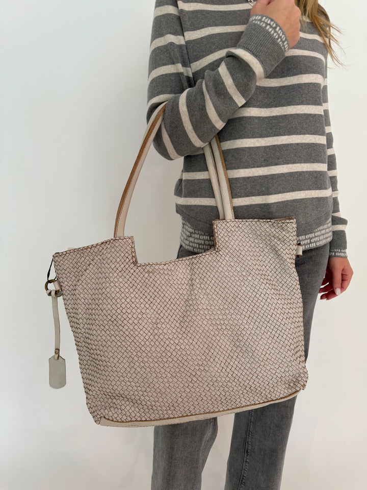 BK Handbags Veronica Woven Tote Bag in Beige available at Barbara Katz