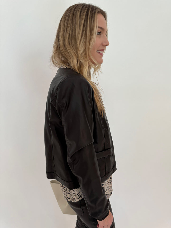 Peace of Cloth Rian Long Sleeve Faux Leather Coco Jacket in Brown available at Barbara Katz