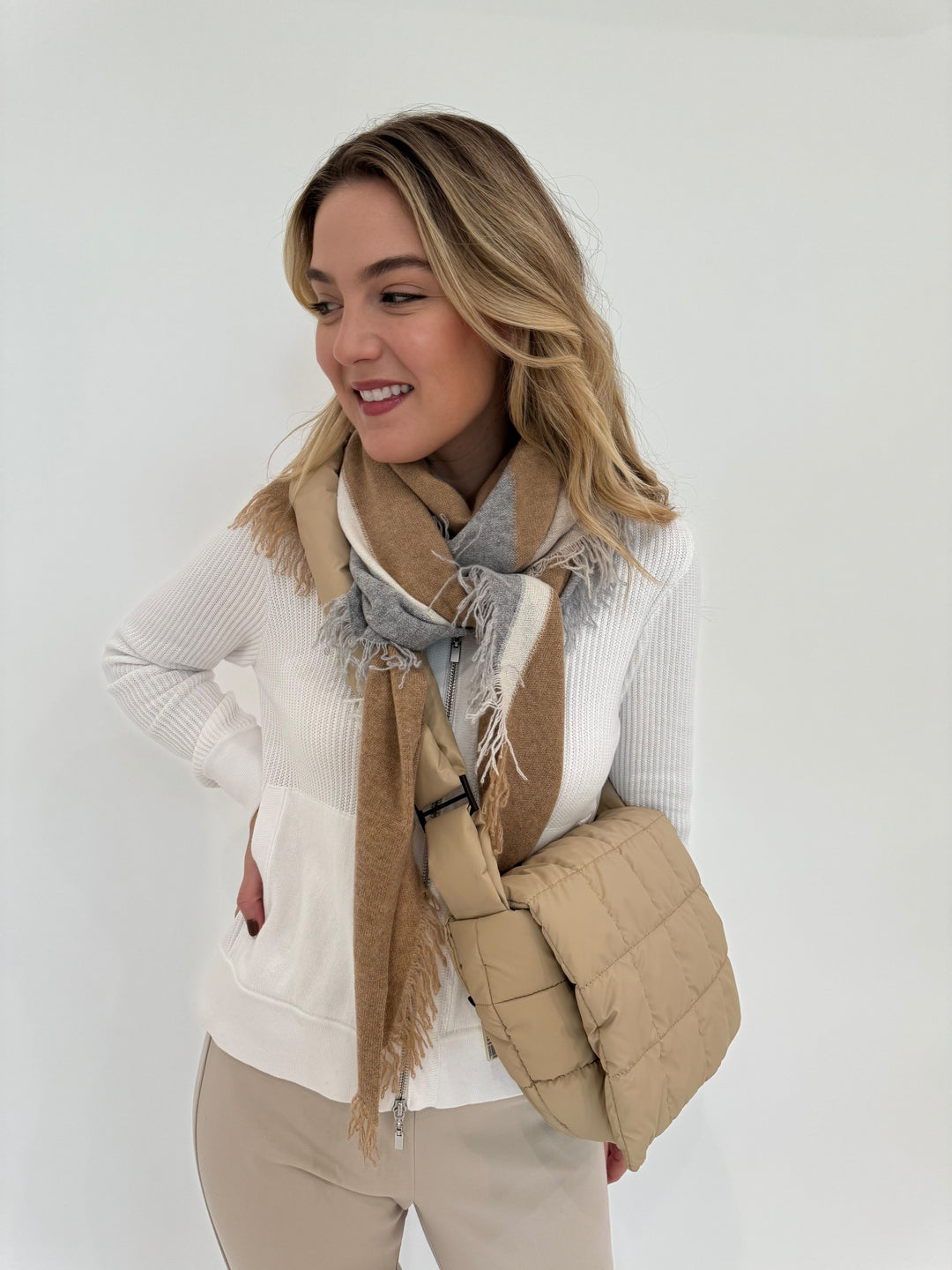 Kinross Cashmere Rib Zip Hoodie in White with Striped Triangle Wrap in Camel Multi and Veel Collective Porter Messenger Bag in Sand available at Barbara Katz