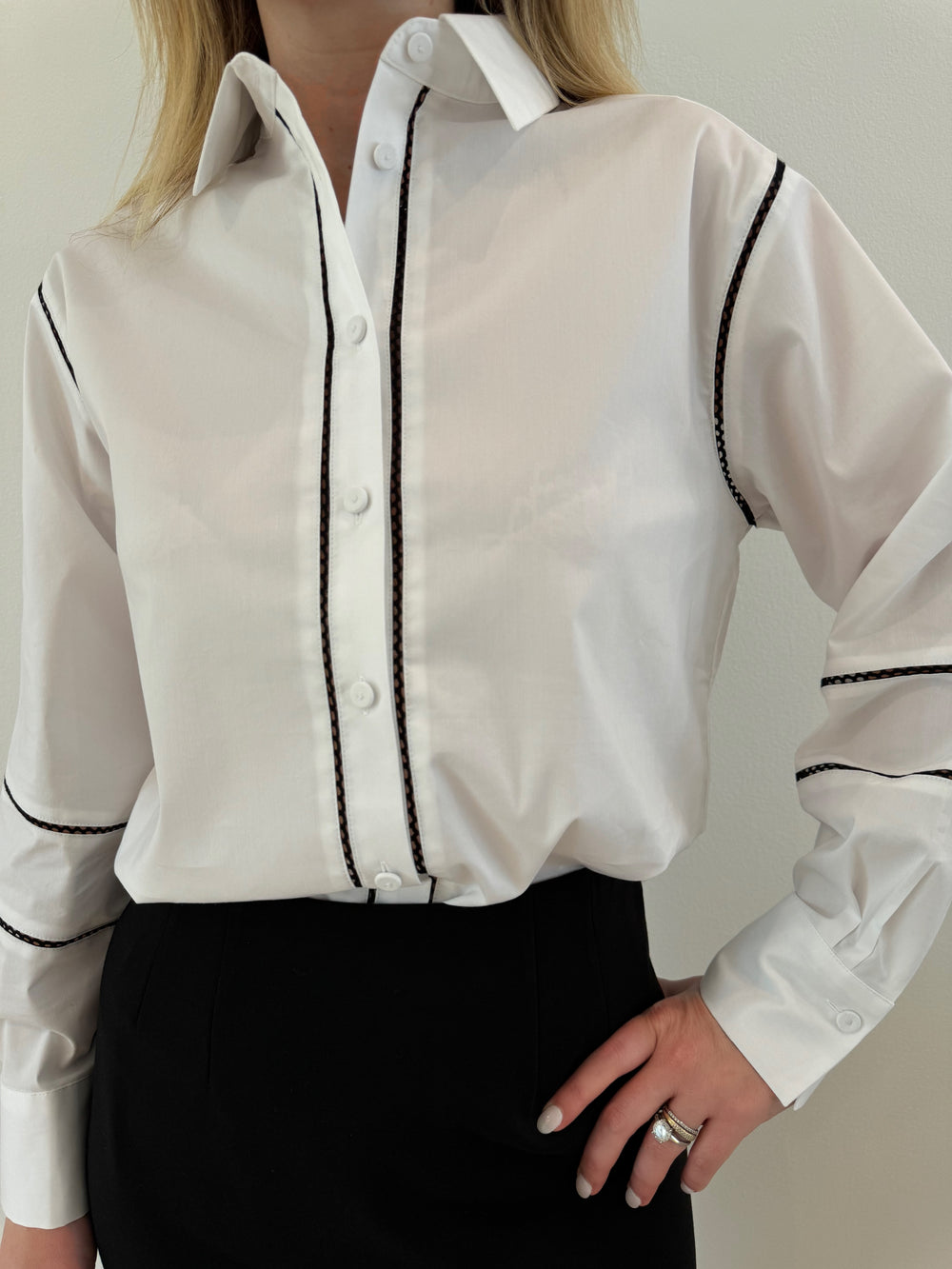 Hinson Wu Halsey Long Sleeve Shirt in White with Black trim