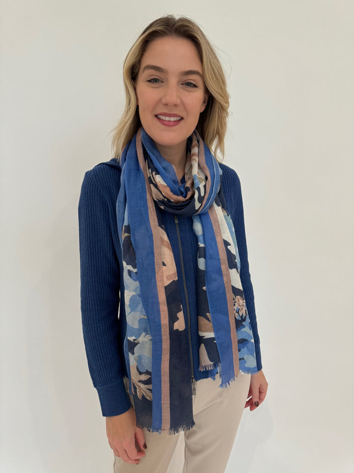 Kinross Cashmere Rib Zip Hoodie in Indigo with Moody Blooms Print Scarf in Navy available at Barbara Katz