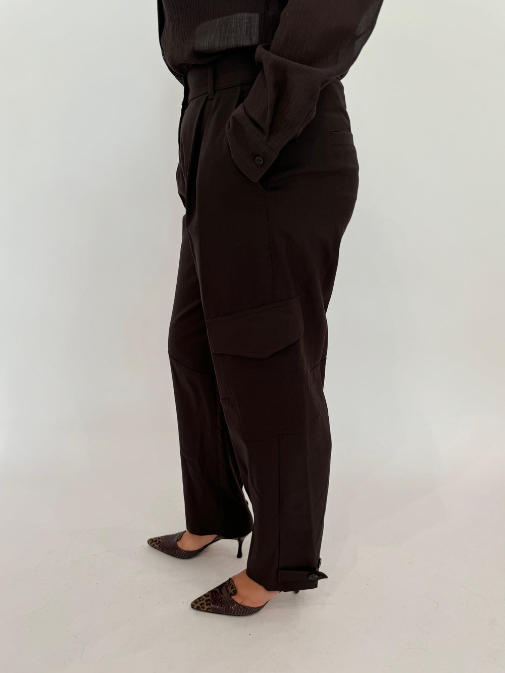 Marella Monochrome Alisso Cargo Pants in Dark Brown available at Barbara Katz