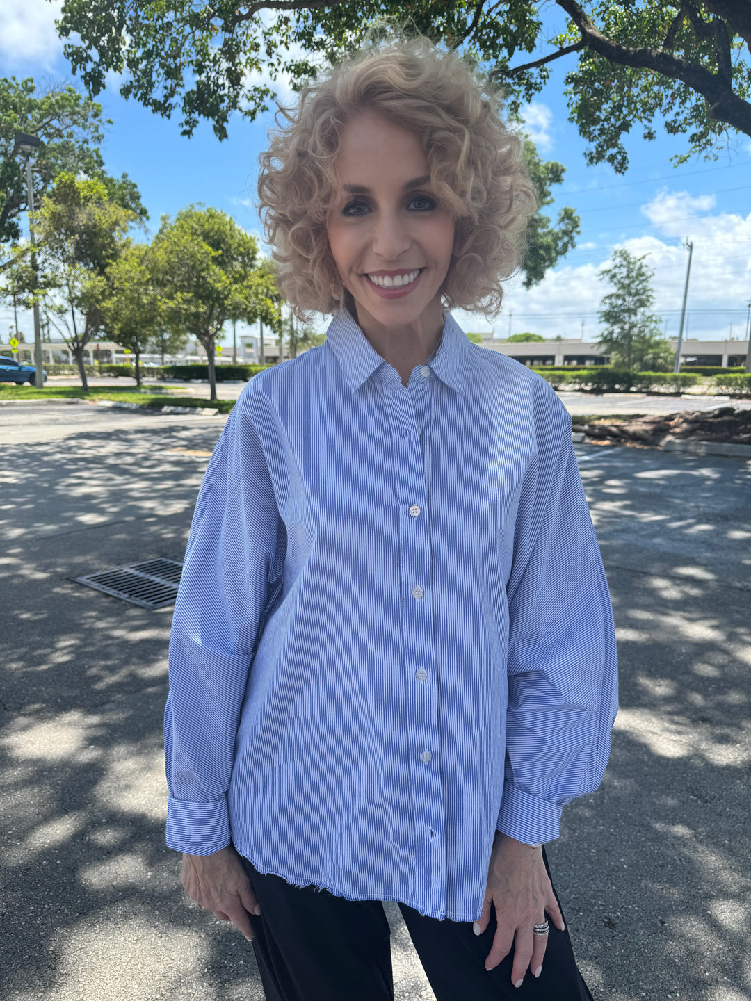 Stateside Pinstripe Dolman Shirt in Sport Blue, 100% cotton shirt with collar, button front closure, long dolman sleeves, and stripes pattern