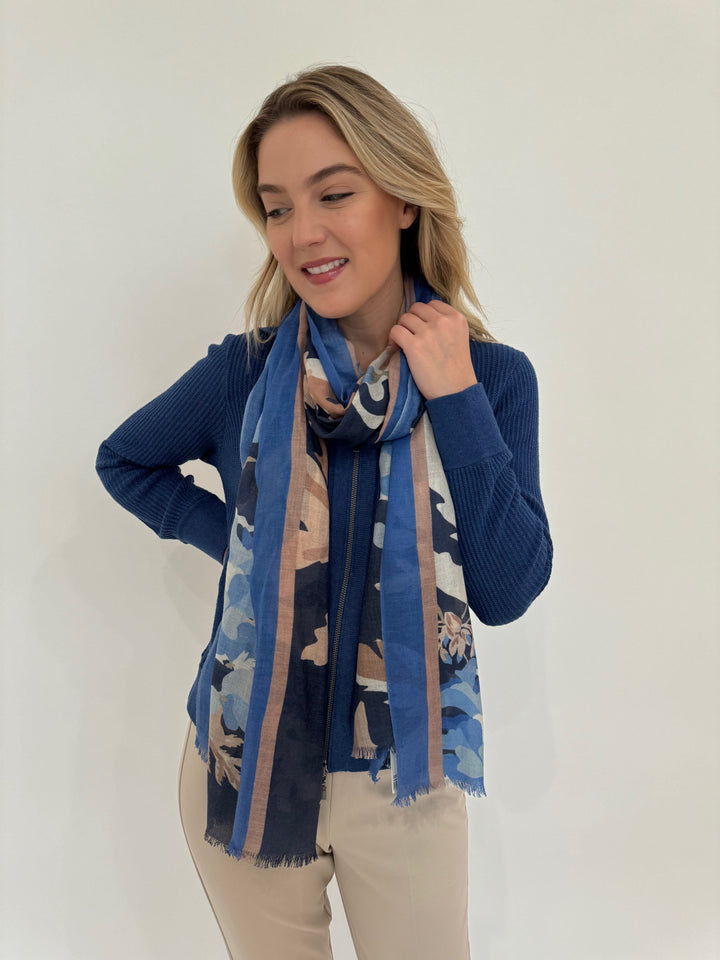 Kinross Cashmere Rib Zip Hoodie in Indigo with Moody Blooms Scarf in Navy available at Barbara Katz