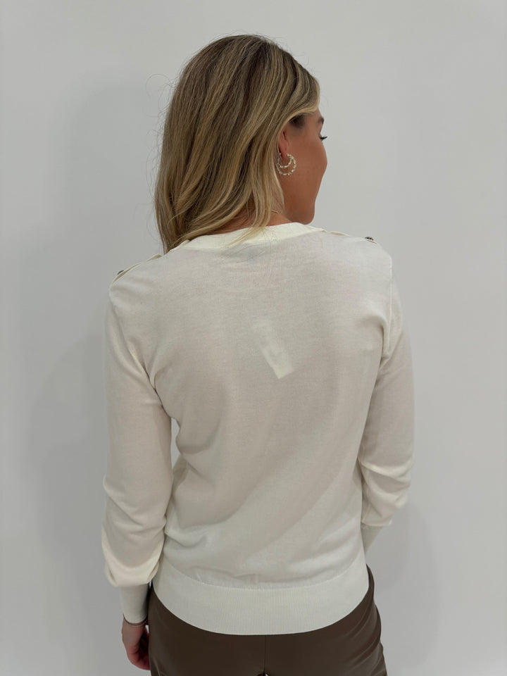 Elliott Lauren Top It Off Button Sleeve Sweater in White available at Barbara Katz