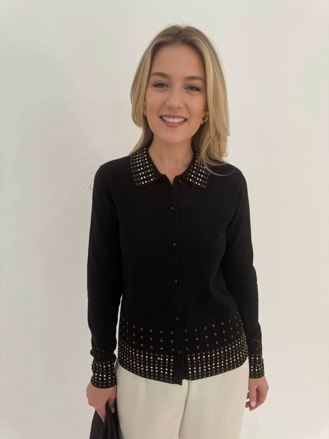 Leo & Ugo Rhinestone Grommet Cardigan in Black available at Barbara Katz