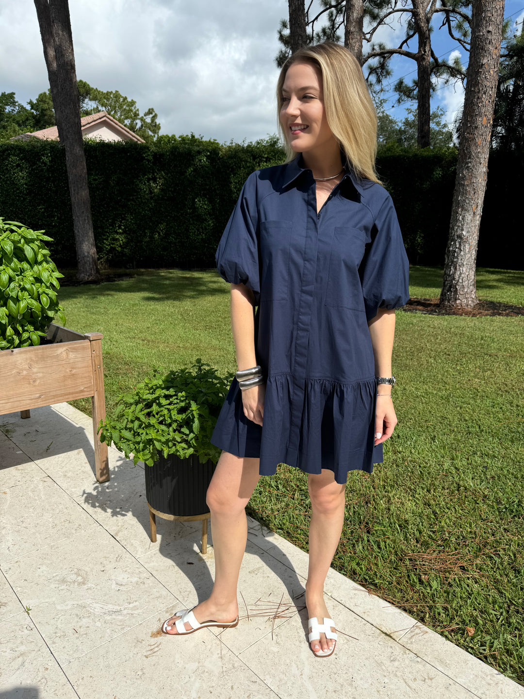 Simkhai Crissy Cotton Poplin Dress in Midnight Blue, 100% cotton shirt dress, pull-on style with ballooned short-sleeves, cotton/stretch blend, and relaxed, puffed fit