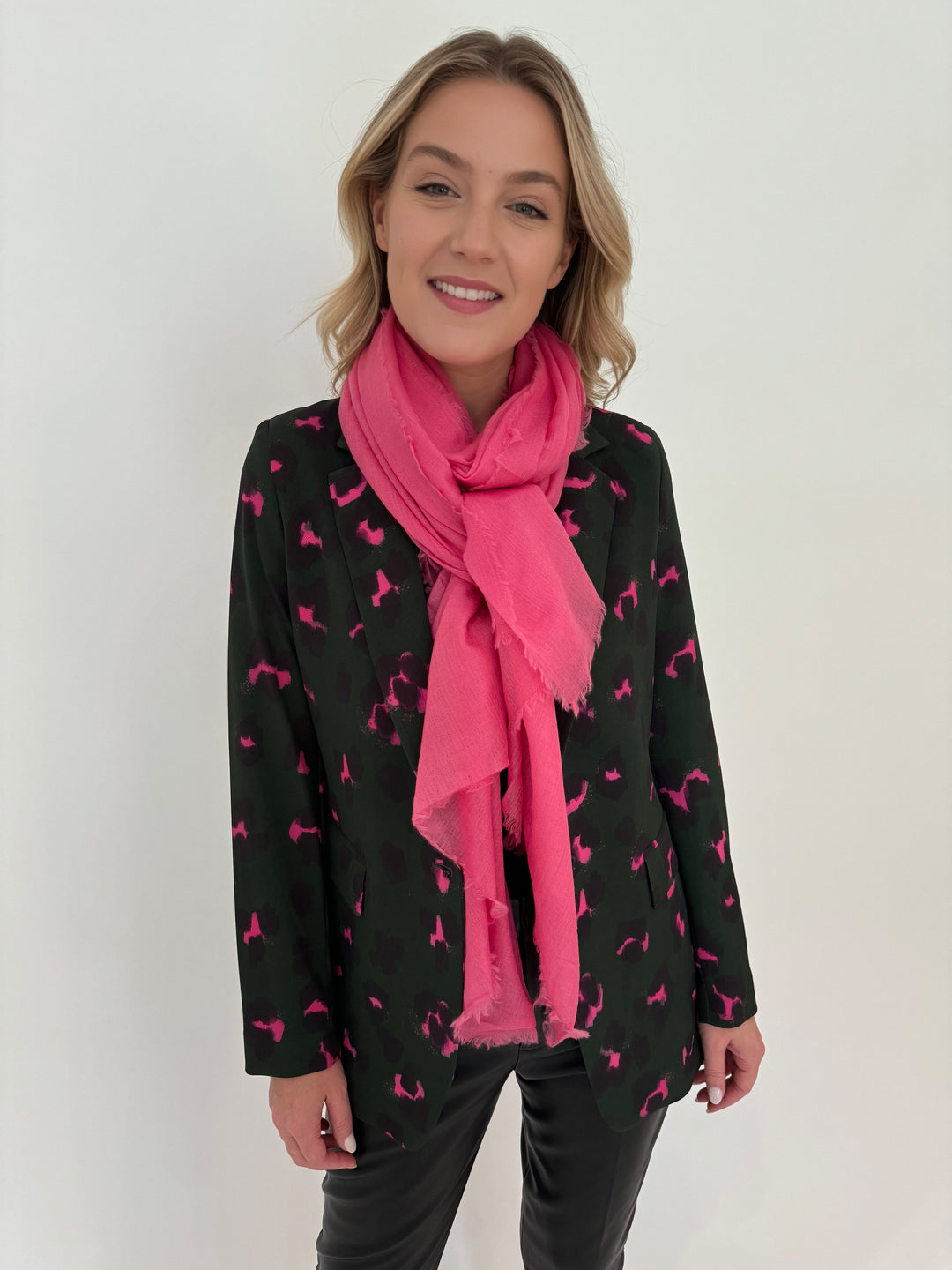 Vilagallo Andrea Leopard Jacket shown with Pink Wool Scarf available at Barbara Katz