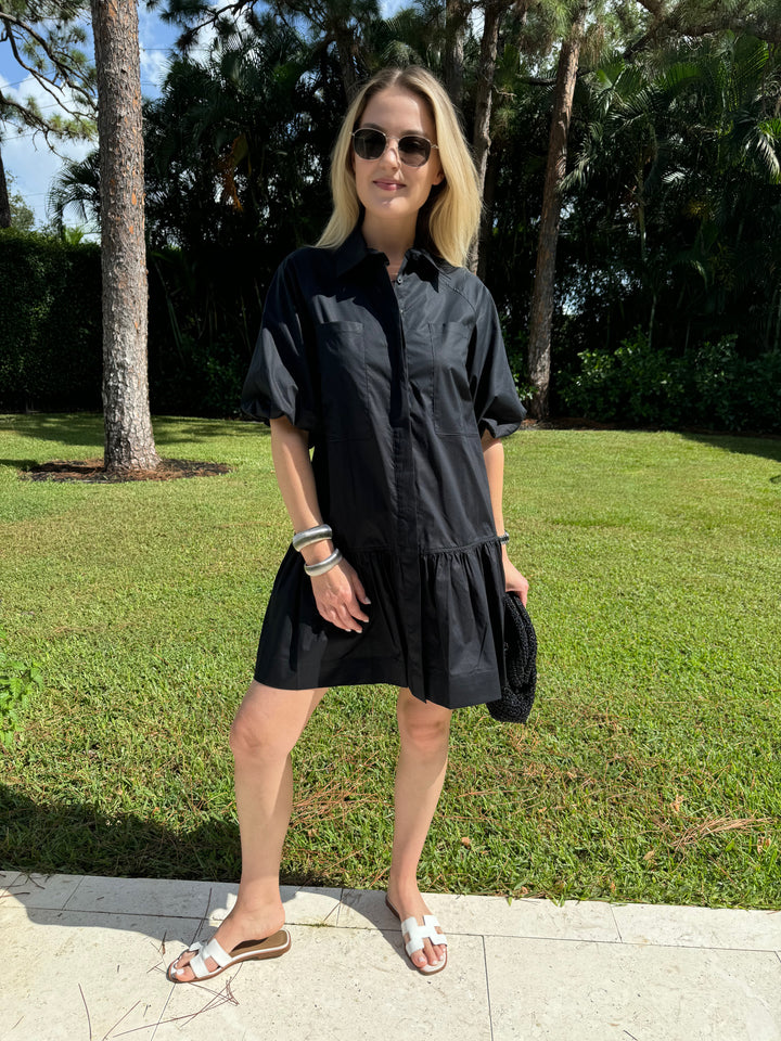 Simkhai Crissy Cotton Poplin Dress in Black, 100% cotton shirt dress, pull-on style with ballooned short-sleeves, cotton/stretch blend, and relaxed, puffed fit