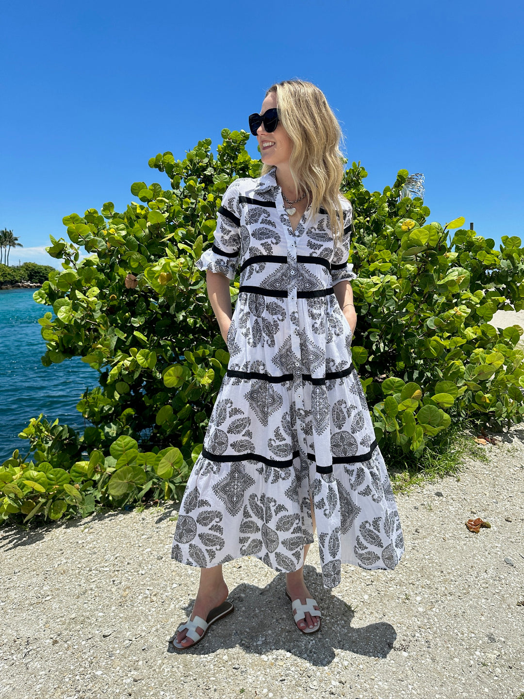 Miami Dress M508 - Black/White Paisley Print