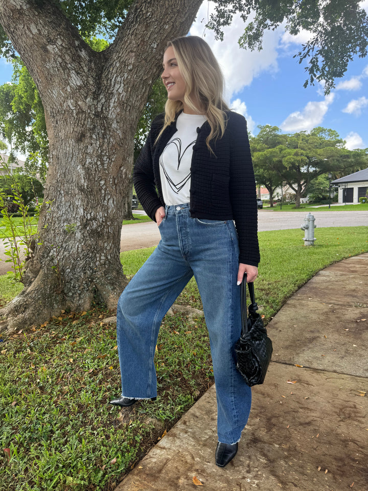 Barbara Katz Lili Chunky Textured Jacket in Ebony with Erica Heart Scoop Neck Top underneath, paired with Agolde Luna Tapered Jeans, Daniella Lehavi Bali Mini Knotted Bag