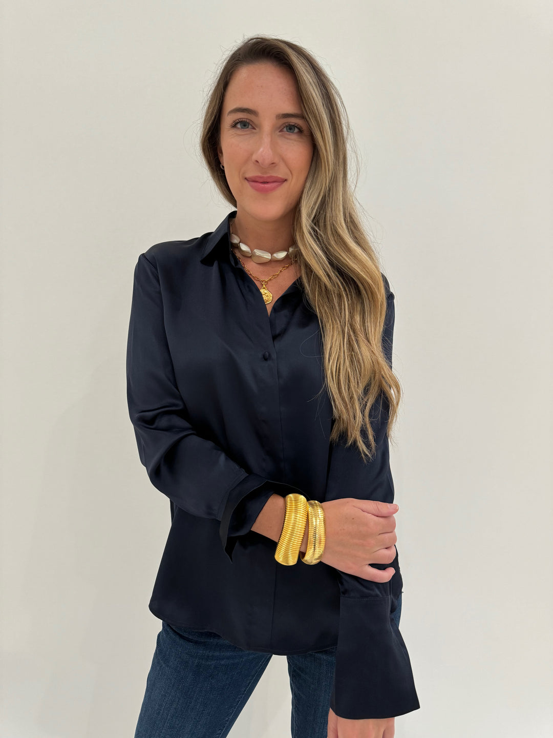 Catherine Gee Daria Silk Shirt in Midnight with Lizzie Fortunato Pas De Deux Necklace, BK Gold Cobra Cuff and Bracelet - all available at Barbara Katz
