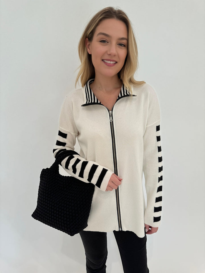 Barbara Katz Sunlit Stripe Zip-Up Jacket in Ivory