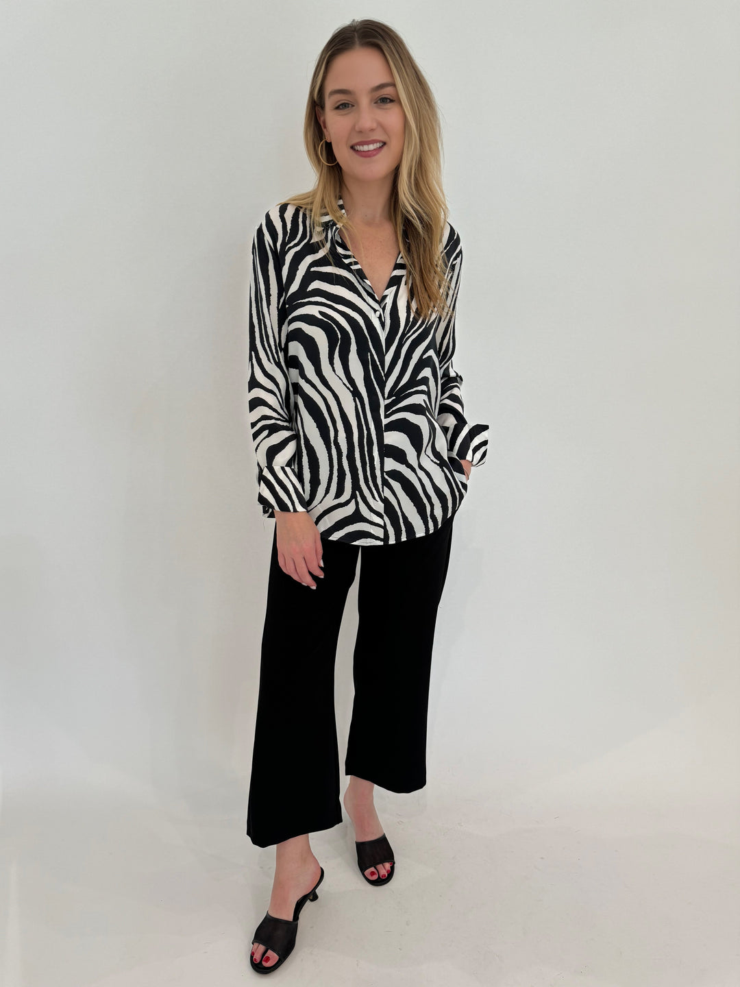 MAC Chiara Crop Floating Crepe Pants in Black paired with Catherine Gee Daria Silk Shirt in Zebra Print