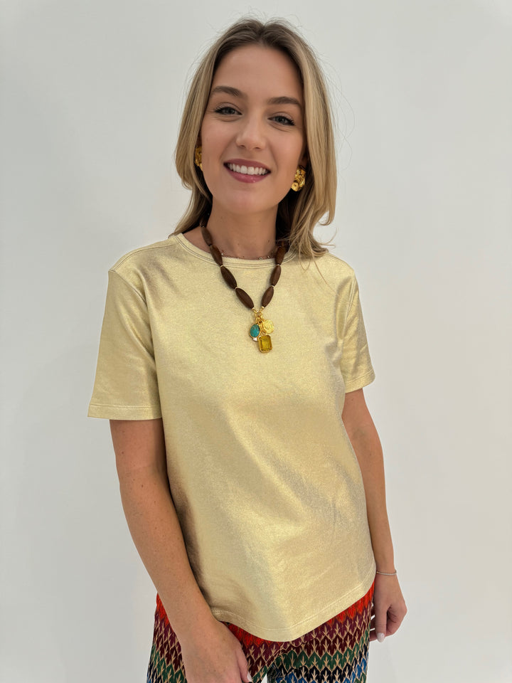 Vilagallo Metallic Gold Stretch T-Shirt available at Barbara Katz