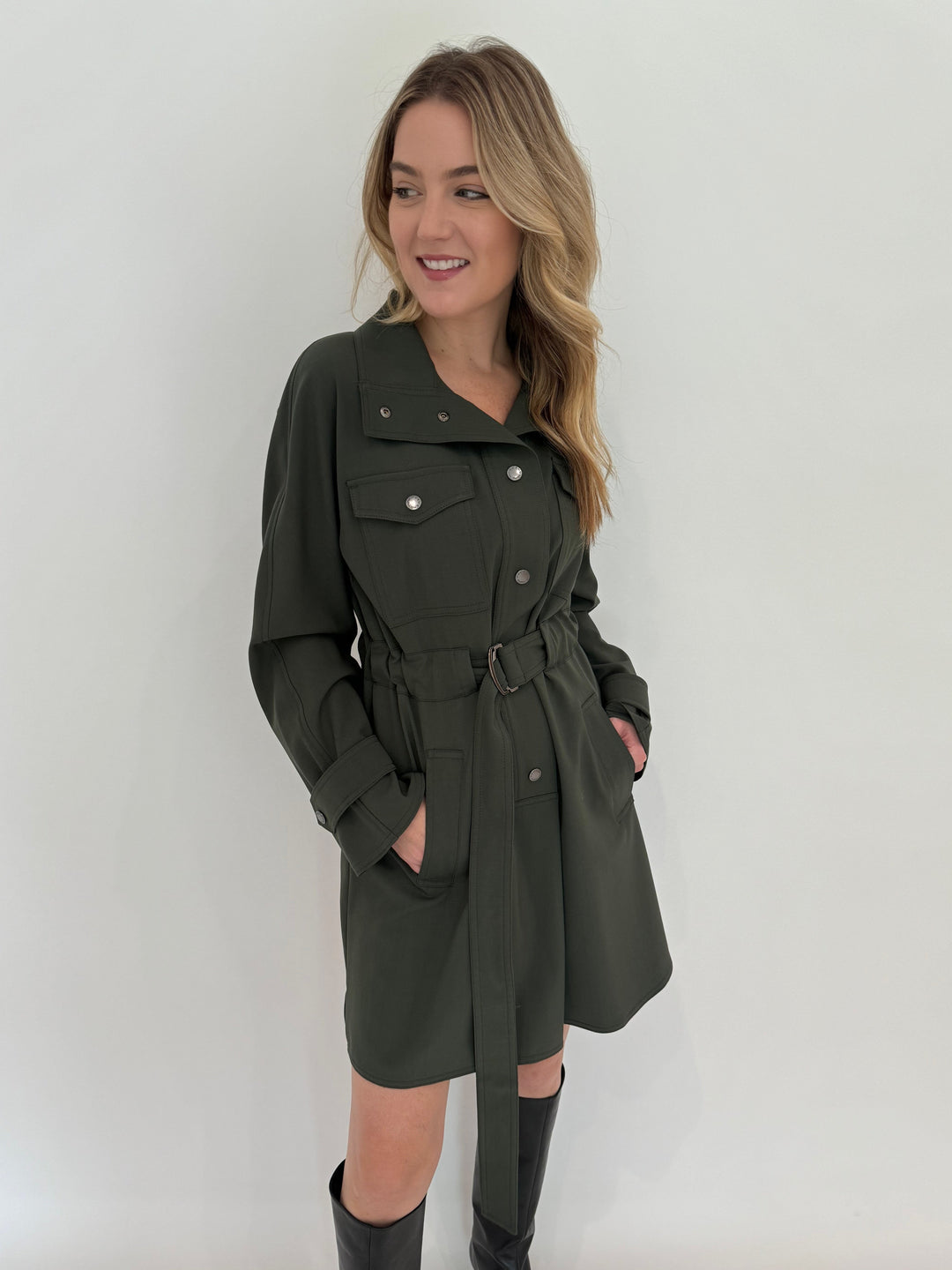 Max Mara Weekend Brioso Utility Dress in Dark Green available at Barbara Katz