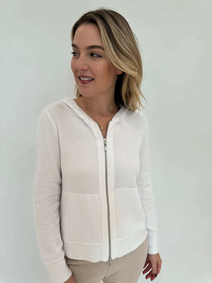 Kinross Cashmere Rib Zip Hoodie in White available at Barbara Katz