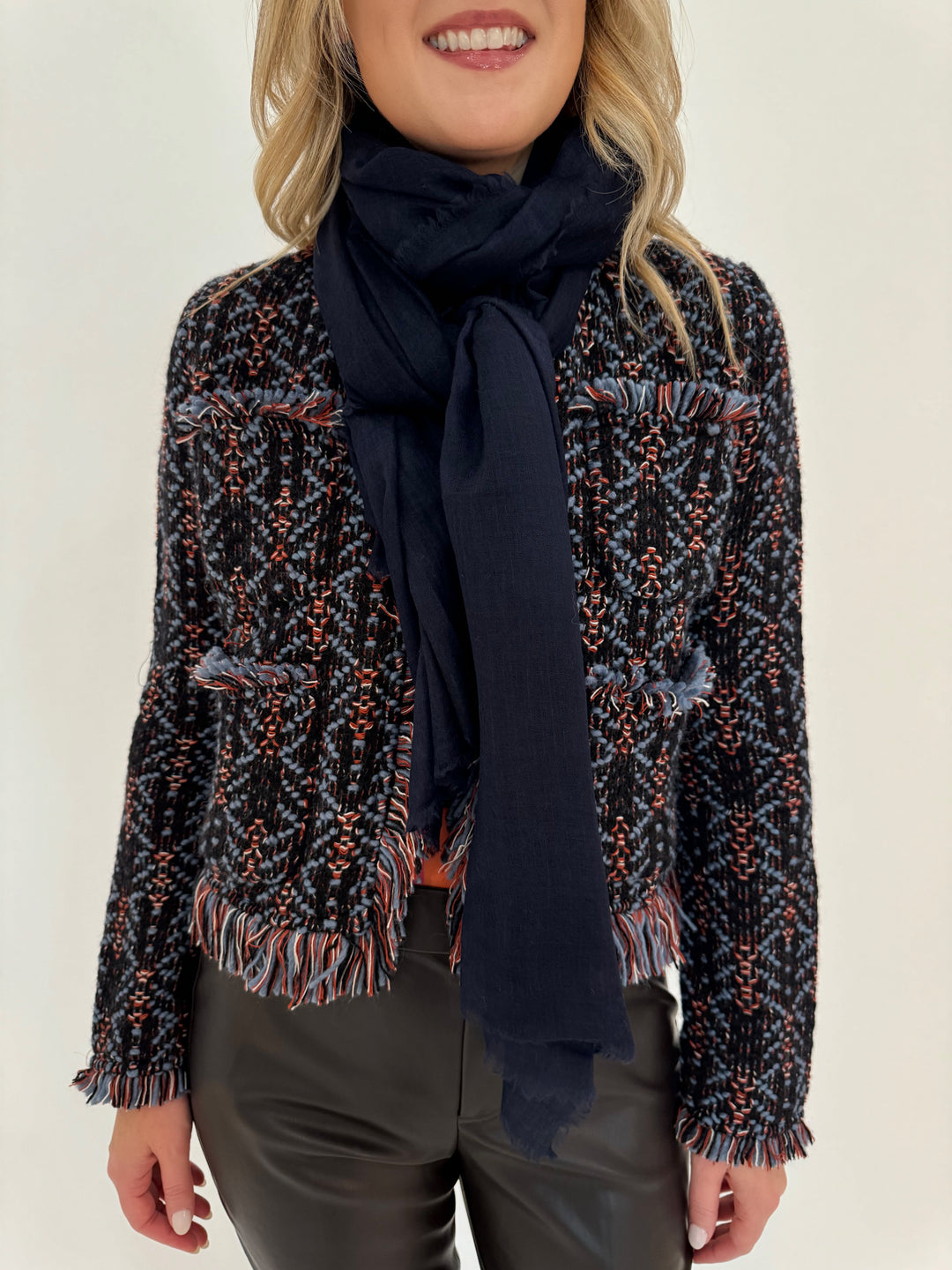 Vilagallo Navy Wool Scarf 31840 available at Barbara Katz