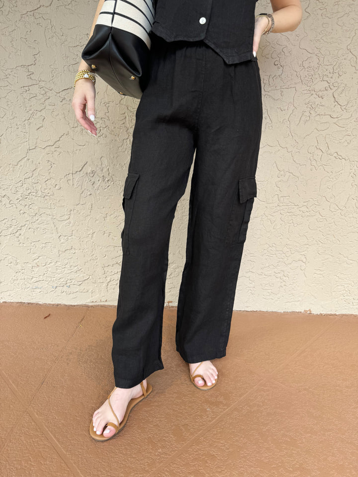 Barbara Katz Midnight Rain Linen Cargo Pants - Black