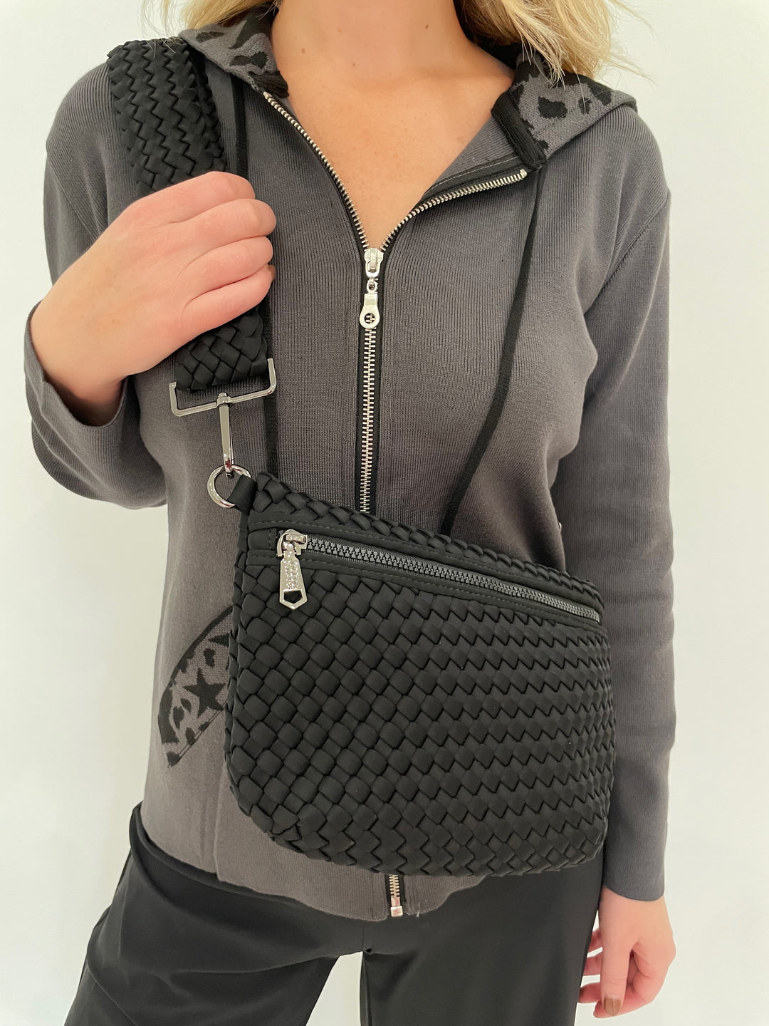 Sol and Selene Ethereal Woven Neoprene Bag in Black available at Barbara Katz