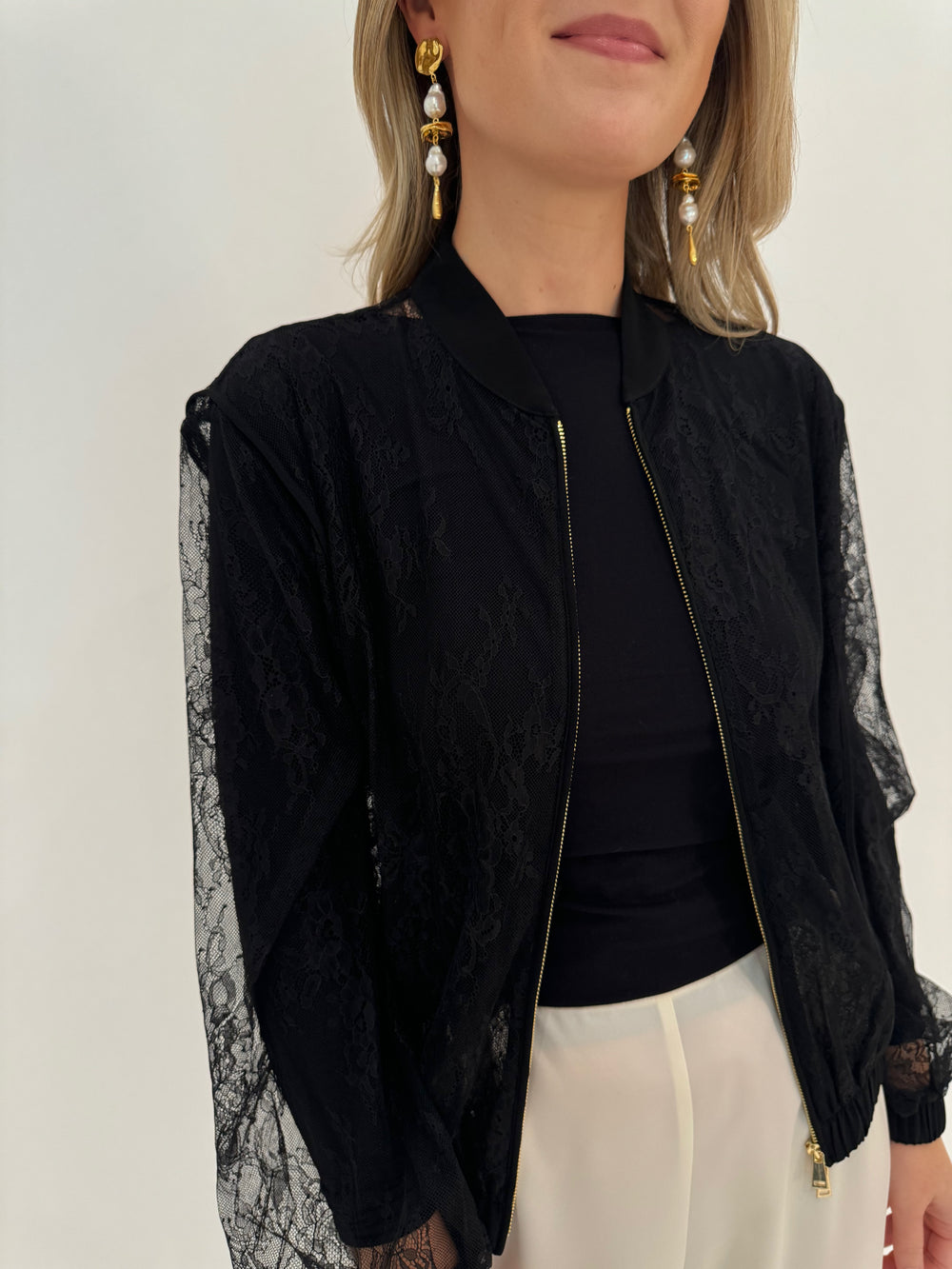 Marella Mappa Long Sleeve Lace Jacket in Black available at Barbara Katz