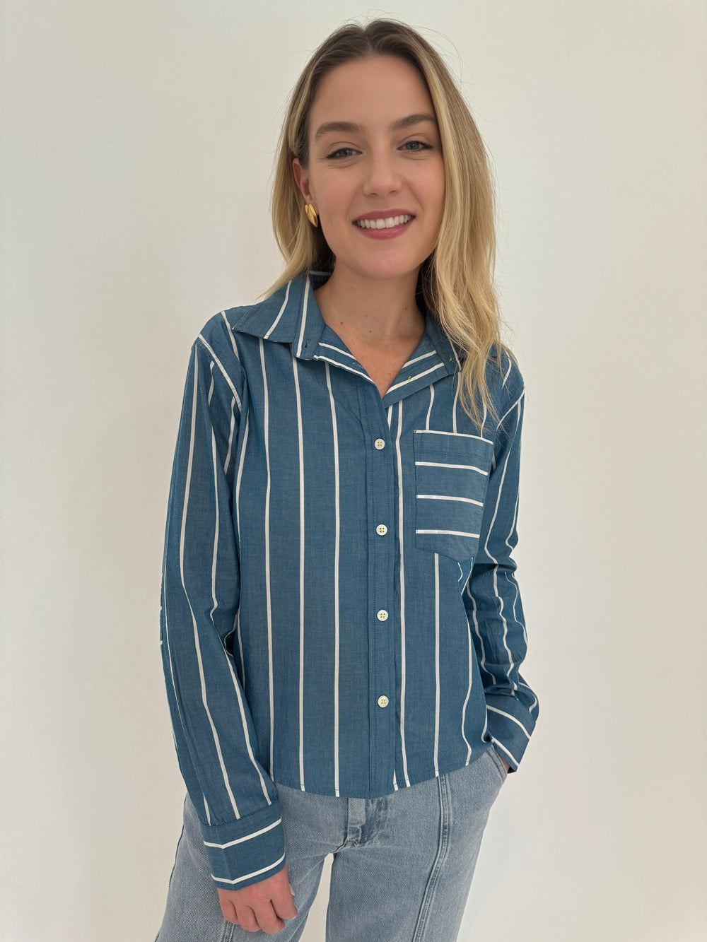 Kerri Rosenthal Joey Long Sleeve Shirt in Agean/White Stripes