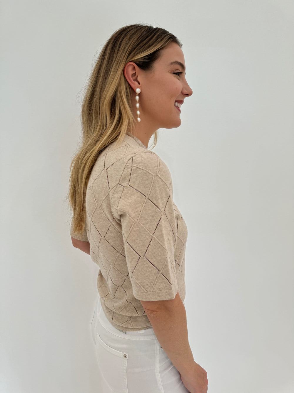 Autumn Cashmere Diamond Stitch Short Sleeve Sweater  in Natural