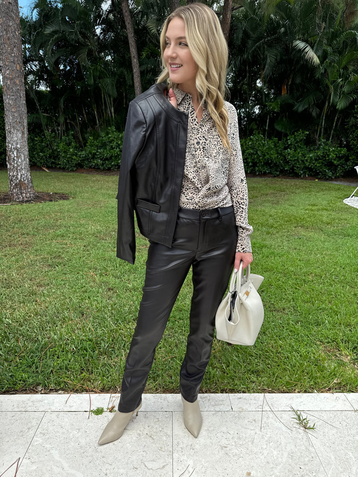 Rails Kate Long Sleeve Shirt in Sand Cheetah Print with Peace of Cloth Rian Faux Leather Coco Jacket in Brown, paired with Peace of Cloth Faux Leather Slim Jeans, bag DeMellier The Midi New York Tote in Off White, all available at Barbara Katz