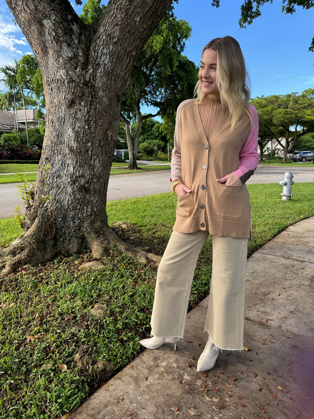 Zaket & Plover College Long Sleeve Cardigan in Cookie paired with Citizens of Humanity Lyra Jeans in Porcini available at Barbara Katz