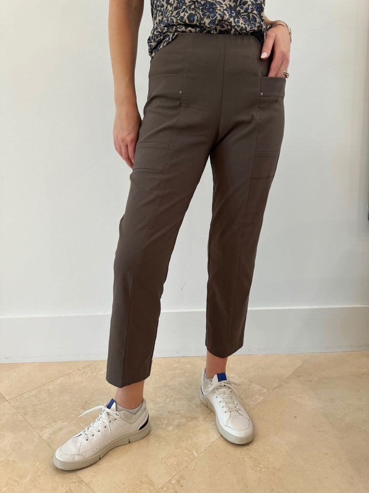 Elliott Lauren Crop Cargo Pants With Rivet Details in Toast, pull-on style with elastic waist, front pockets, rivet details, straight leg and cropped length