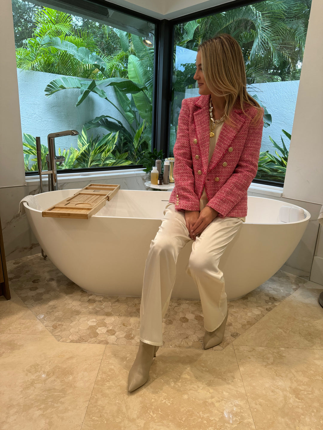 Generation Love Eliza Tweed Blazer in Hot Pink paired with Enza Costa Twill Everywhere Pants in White available at Barbara Katz